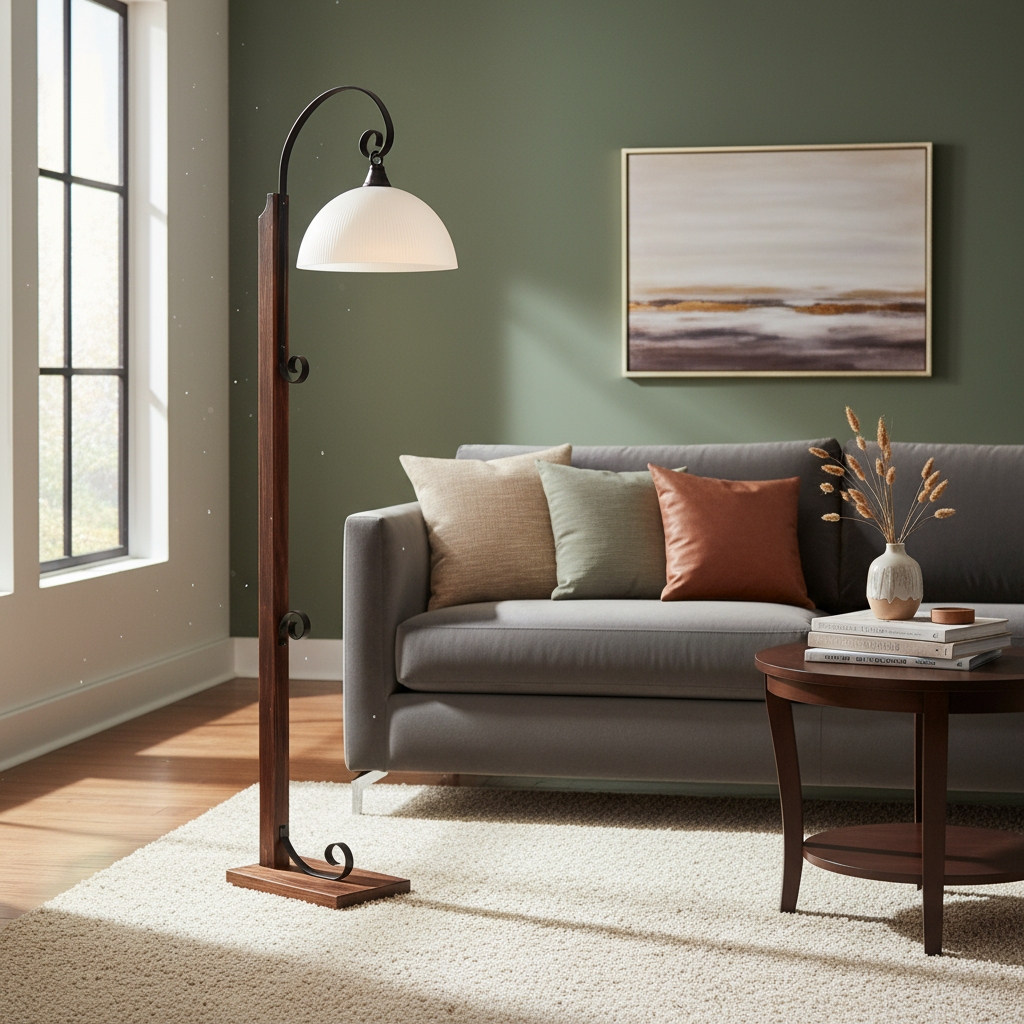 Lampara De Pie Hierro Y Madera Con Campana Contacto Colon