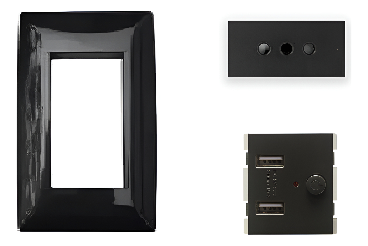 Plaqueta Molveno Atenea Negra + Modulo Cargador Usb + Toma