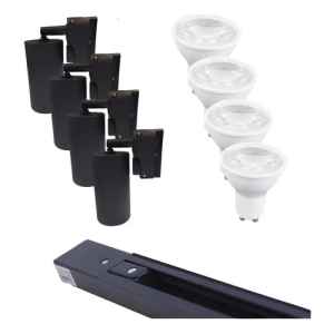 Riel De 1 Metro + 4 Spots + 4 Lámparas Frías Combo Negro