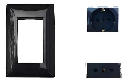 Plaqueta Molveno Atenea Negro 3 Modulo + Mod Schuko + Toma