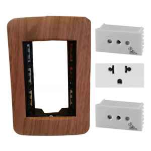 Plaqueta 3 Módulos Reggio Roble Mate + 2 Tomas + 1 Toma Euro